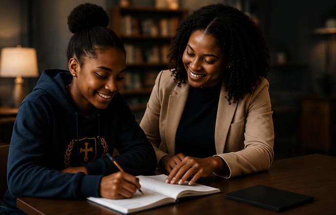 Mentor supporting a student with her studies