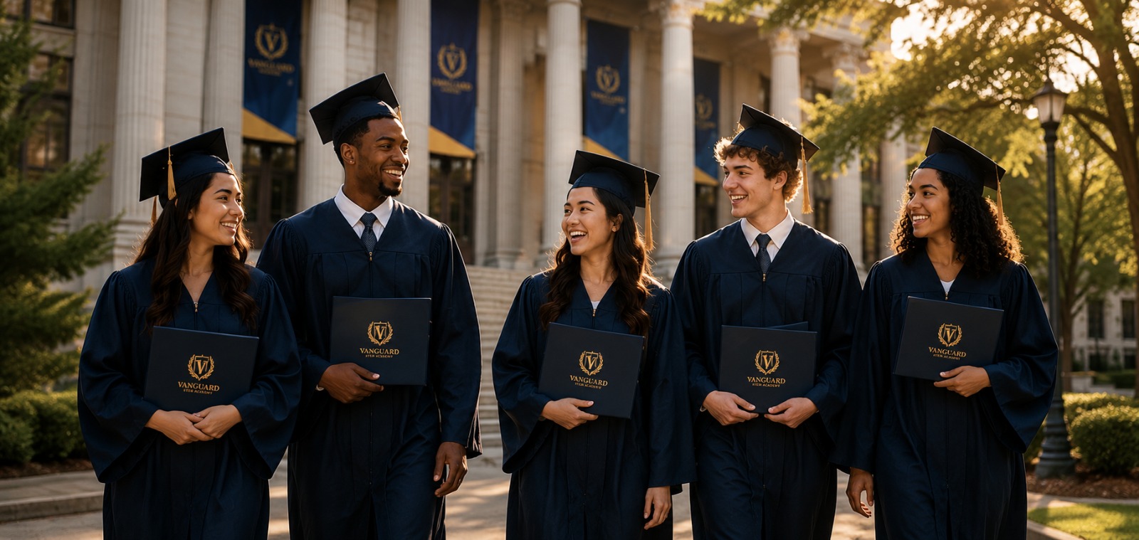 Vanguard STEM Academy graduates smiling together outside campus