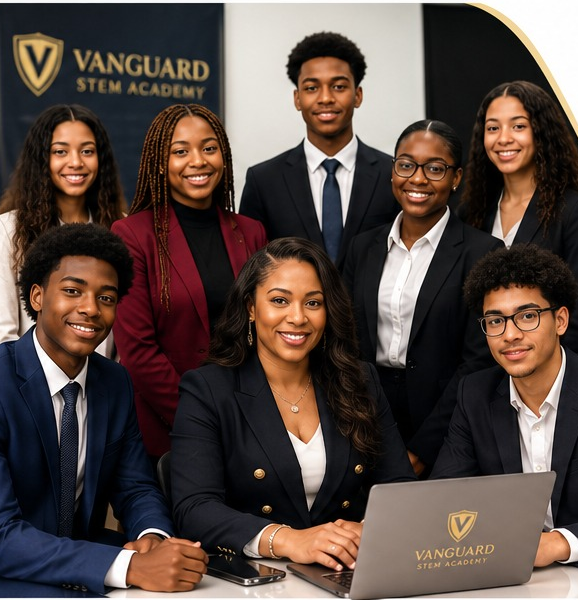 Vanguard STEM Academy students and mentor gathered around a laptop