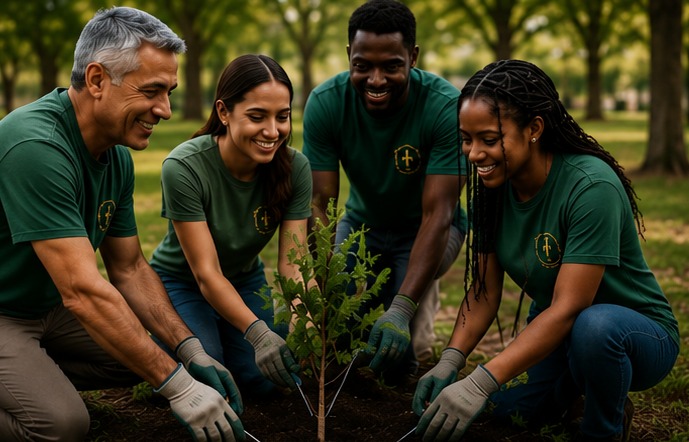 Community volunteers planting a tree together